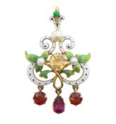 An Art Nouveau pearl, gem set and enamel pendant brooch