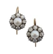 A pair of diamond and pearl cluster drop earrings