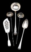 A George III silver serving spoon, a Victorian ladle, a William IV fish slice and two toddy ladles