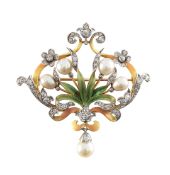 An Art Nouveau natural pearl, diamond and enamel brooch