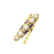 A mid Victorian pearl, enamel, yellow gold and diamond articulated sprung bangle