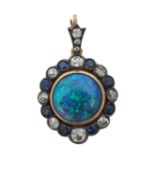 A peacock opal with sapphire and diamond pendant