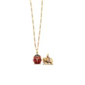 A ruby and diamond elephant and lady bird pendant with chain