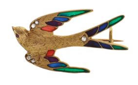 An 18ct gold plique-a-jour enamel swallow brooch