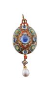 A mid Victorian gem-set, pearl and enamel Holbeinesque pendant