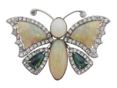 An opal and diamond set butterfly brooch