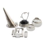 A George V silver snuffer, dressing table items and shoe buckles