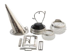 A George V silver snuffer, dressing table items and shoe buckles