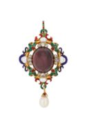 A Victorian Royal Presentation gold, garnet, enamel, pearl and diamond Holbeinesque pendant