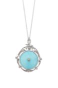 An Edwardian pale blue enamel, white gold and diamond set pendant