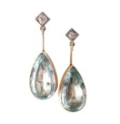A pair of diamond and aquamarine drop ear rings