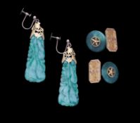 A pair of jade and gold earrings and a pair of jade cufflinks