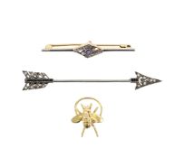 A 9ct gold bee, diamond bar brooch and an arrow pin