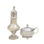 A George II silver mustard pot and an Edward VII silver sifter