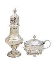A George II silver mustard pot and an Edward VII silver sifter