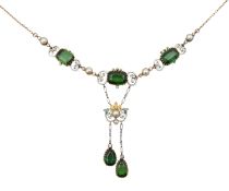 An Edwardian tourmaline and enamel pendant drop necklace