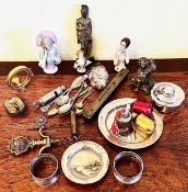 LARGE QUANTITY OF VARIOUS SUNDRY ITEMS INCLUDING SILVER, TRAYS, PIN DISH, NAPKIN RINGS, SPOONS,