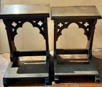 TWO CARVED OAK PRAYER DESKS, APPROX 60cm WIDE