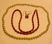 SET OF CORAL PENDANT EARRINGS WITH 18ct GOLD SAFETY WIRE AND A CORAL NECKLACE WITH 18ct LOCK, LENGTH