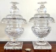 TWO CUT GLASS COMPORTS AND COVERS, 19th CENTURY, APPROX 18cm HIGH
