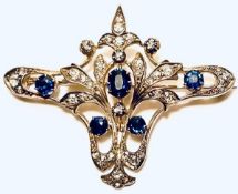 UNHALLMARKED WHITE AND YELLOW METAL ART NOUVEAU BROOCH WITH ONE SAPPHIRE APPROX 0.2ct, TWO SAPPHIRES