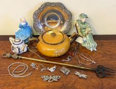 SILVER COLOURED DECORATIVE DISH, TWO DOULTON FIGURES PLUS SUNDRY ITEMS