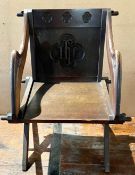 GOTHIC OAK X-FRAME ARMCHAIR, APPROX 53cm WIDE, 88cm HIGH AND 56cm DEEP