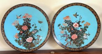 PAIR OF EARLY 20th CENTURY CLOISONNE PLAQUES, EACH APPROX 30.5cm DIAMETER