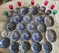 BLUE AND WHITE CERAMICS, TEA BOWLS, VARIOUS SIZE PLATES AND SEVEN VICTORIAN GLASSES