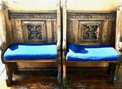 PAIR OF OAK GOTHIC STYLE SHORT BENCHES, APPROX 74cm WIDE, 112cm HIGH AND 44cm DEEP