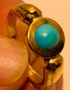 HALLMARKED (RUBBED) GOLD RING SET WITH A TURQUOISE, SIZE P+, TOTAL WEIGHT APPROX 6.84g