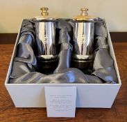 SILVER PLATED SALT & PEPPER GRINDERS PRESENTED BY HER LATE MAJESTY QUEEN ELIZABETH II, APPROX 12.5cm