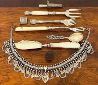 PLATED PICKLE FORKS, SILVER CIGARETTE HOLDER, SILVER COLOURED NECKLACE APPROX 74g, INTAGLIO SEAL,