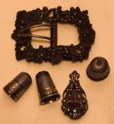 BROOCH MARKED 75 SET WITH AMETHYST AND MARCASITE; SHOE BUCKLE (MARK RUBBED); TWO ANTIQUE THIMBLES,