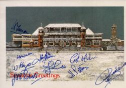 Multi signed Old Trafford cricket ground Christmas card. Signed by 9 including Roberts, Atkinson and