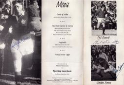 Willie John Mcbride, Phil Bennett and Gordon Brown signed Sporting luncheon menu. Good condition