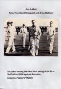 Jim Laker, Peter May, David Sheppard and Brian Statham signed 7x5inch black and white photo. Good