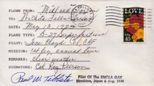 Brigadier General Paul Tibbets signed flown envelope PM WICHITA PALLS IX 763 1993. Good condition.