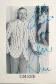 Tim Rice signed 6x4 inch black and white promo photo. Good condition. All autographs come with a