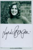 Linda Bellingham signed 4x3 inch white card and 6x4 inch vintage black and white photo.