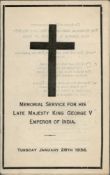 HIS MAJESTY KING GEORGE V EMPEROR OF INDIA 28 JANUARY 1936 EIGHT-PAGE MEMORIAL SERVICE PROGRAMME