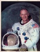 Buzz Aldrin signed NASA 10x8 inch colour photo pictured in space suit. Dedicated. Good condition.