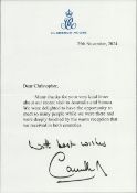 A hand signed letter from the Queen, dated 25 November 2024, referring to her State Visit with the