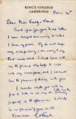 E.M. Forster ( English Author) vintage Kings College Cambridge ALS. Good condition. All autographs