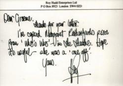 Roy Hudd signed white card. Dedicated. Good condition Est.