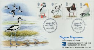 Magnus Magnusson, KBE signed FDC 'RSPB' Four stamps plus double post marks 17.1.1989. Good condition