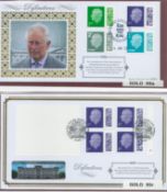 Benham FDC collection in red velvet folder, God Save the King Charles, Dame Shirley Bassey, Red