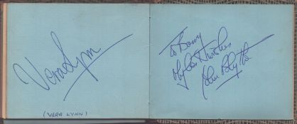 TV/Film small autograph book. Includes signatures of Vera Lynn, Myra Secombe, Dick Mctaggart, Tony