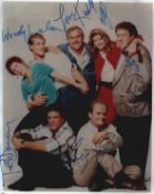 Cheers multi signed 108inch colour photo. Signed by Woody Harrelson, Ted Danson, Kirstie Alley,