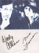 Woody Allen and Mia Farrow, a dual signed 5.5x4 inch card with photo attached. Farrow and Allen have